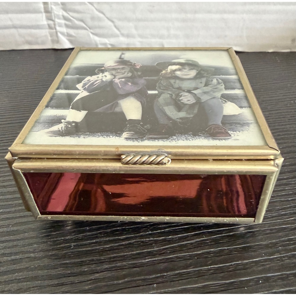Vintage Enesco Stained Glass Jewelry Box Cranberry Purple Brass Photo Lid Mexico